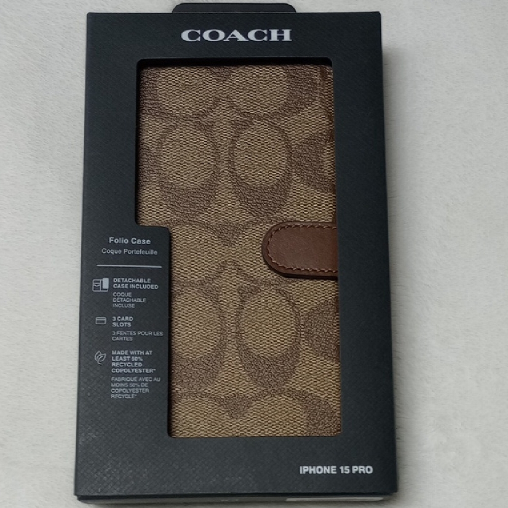 Coach Signature Tan and Brown Folio Case for iPhone 15 Pro